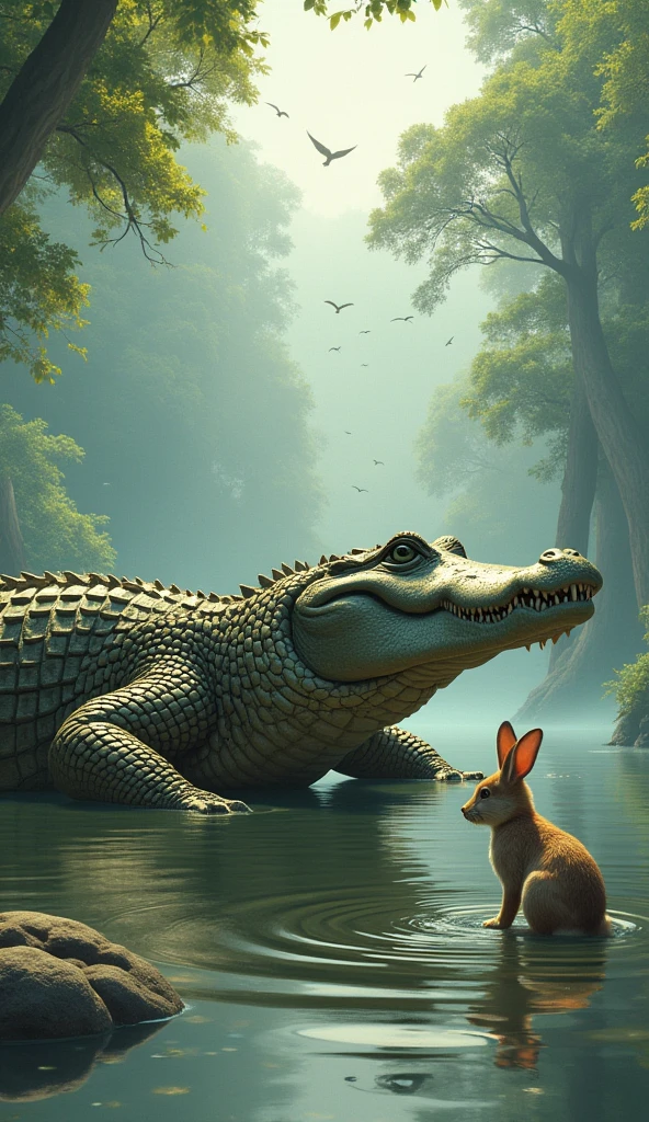 A large, green crocodile with a muscular build rests on the muddy bank of a calm lake, partially submerged in water. Nearby, a small, light brown rabbit stands in the shallow water, looking alert. The background features lush greenery and misty trees, with birds flying in the sky above. The scene captures a juxtaposition of predator and prey in a tranquil, natural setting.