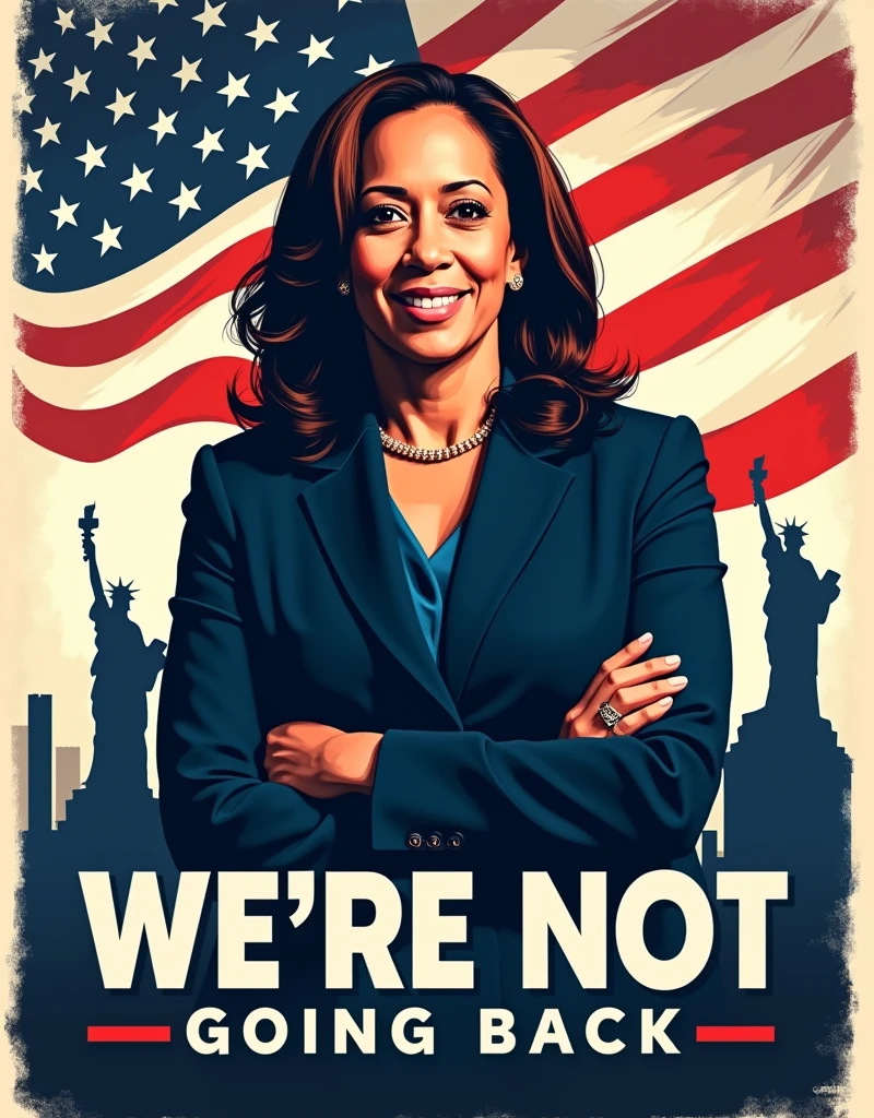 [Core Concept] A powerful and inspirational campaign poster for a President Kamala Harris, Below her portrait, the phrase "WE'RE NOT GOING BACK", [Character Description] The central figure is a confident, determined Kamala Harris , her gaze direct and unwavering as she projects an air of strength and leadership. [Environment/Background] The background is a blend of patriotic imagery, including a waving American flag, symbols of , and a sleek, modern cityscape that suggests progress and innovation. [Style and Atmosphere] The overall aesthetic is bold, dynamic, and visually striking, with a color palette of rich reds, whites, and blues that convey a sense of American pride and determination. [Composition] The composition is balanced and symmetrical, with the candidate's portrait taking center stage and the campaign slogan prominently displayed in a clean, impactful font. [Details and Embellishments] Subtle design elements, such as subtle patterns or geometric shapes, add depth and visual interest to the poster, while the candidate's confident pose and attire suggest her professionalism and gravitas. [Technical Specifications] The poster is designed for high-resolution printing, with a clean, modern layout that would be eye-catching and memorable when displayed in public spaces.
