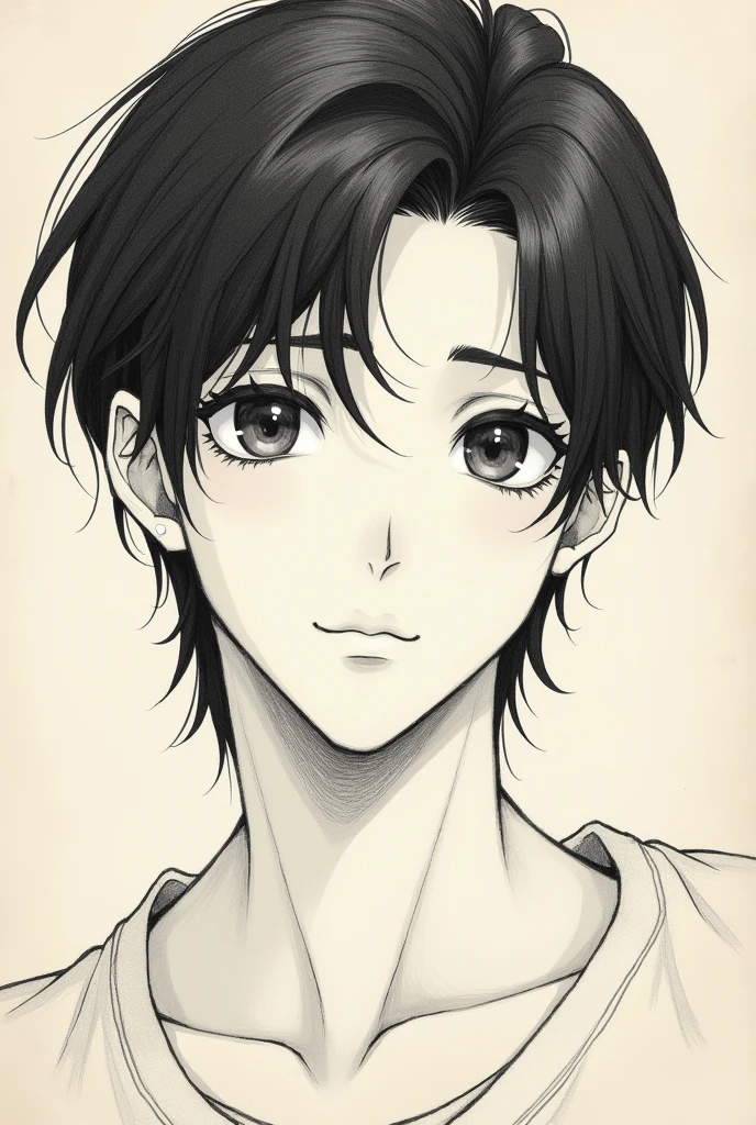 You can generate a masculine guy with dark brown eyes, White skin, black hair and cute shoujo style as if it were drawn on a sheet of paper and pencil