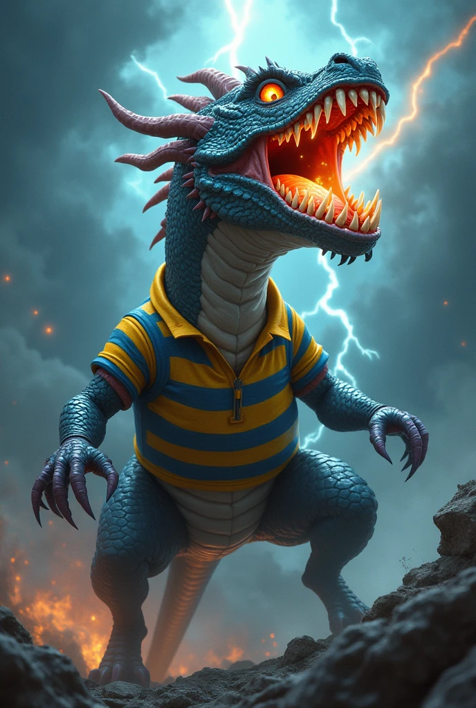Dragon screaming a goal with blue and yellow striped medium size shirt