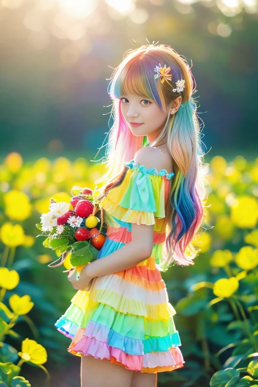 Highest quality,High resolution,A Japanese girl standing in a flower field holding a basket of fruit and flowers, Two-tone hair, long hair with pastel colours, aurora Colored Hair, Colorful pastels, Hair Color, multiColored Hair, Colorful long hair, Two-tone hair dye, Colorful Hair, Gradient Hair, pastel colour, Colored Hair, Bright rainbow hair colors,One-piece dress with frills,Behind the girl is a stained-glass church.,The background is a sparkling rainbow in a clear blue sky.:1.5,A large rainbow-colored pumpkin grows in a flower field:1.5