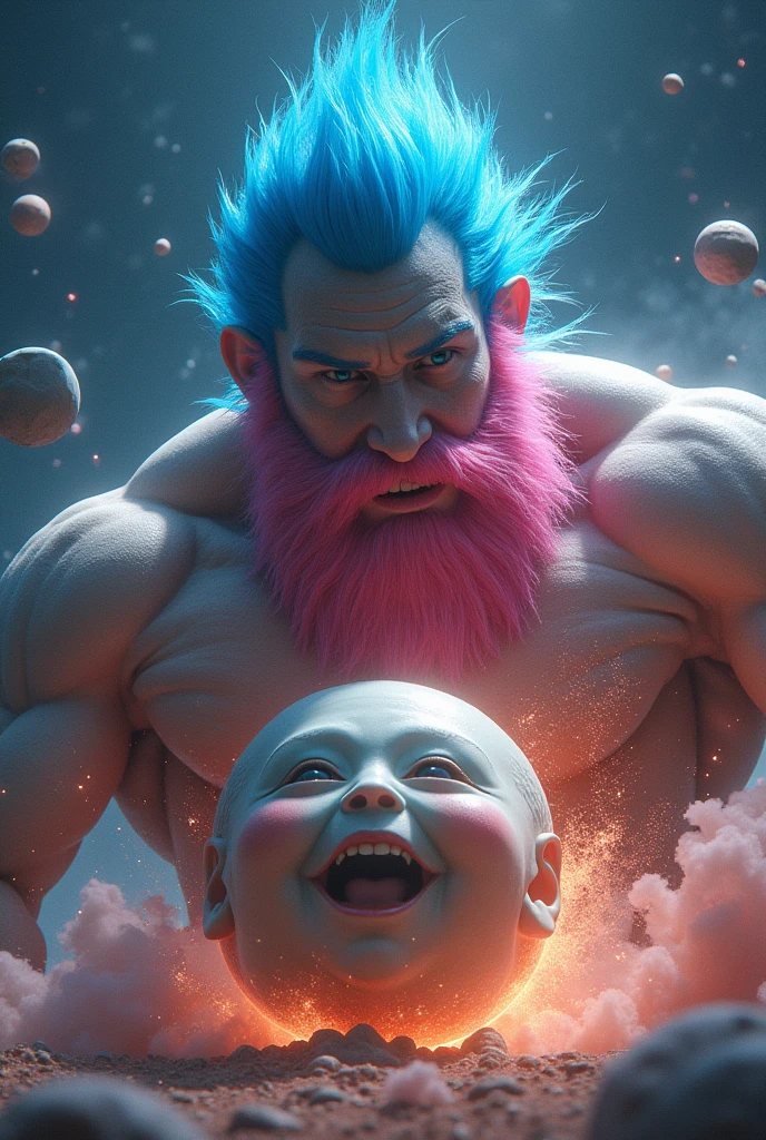 Blue haired man with pink beard destroying a baby faced planet 