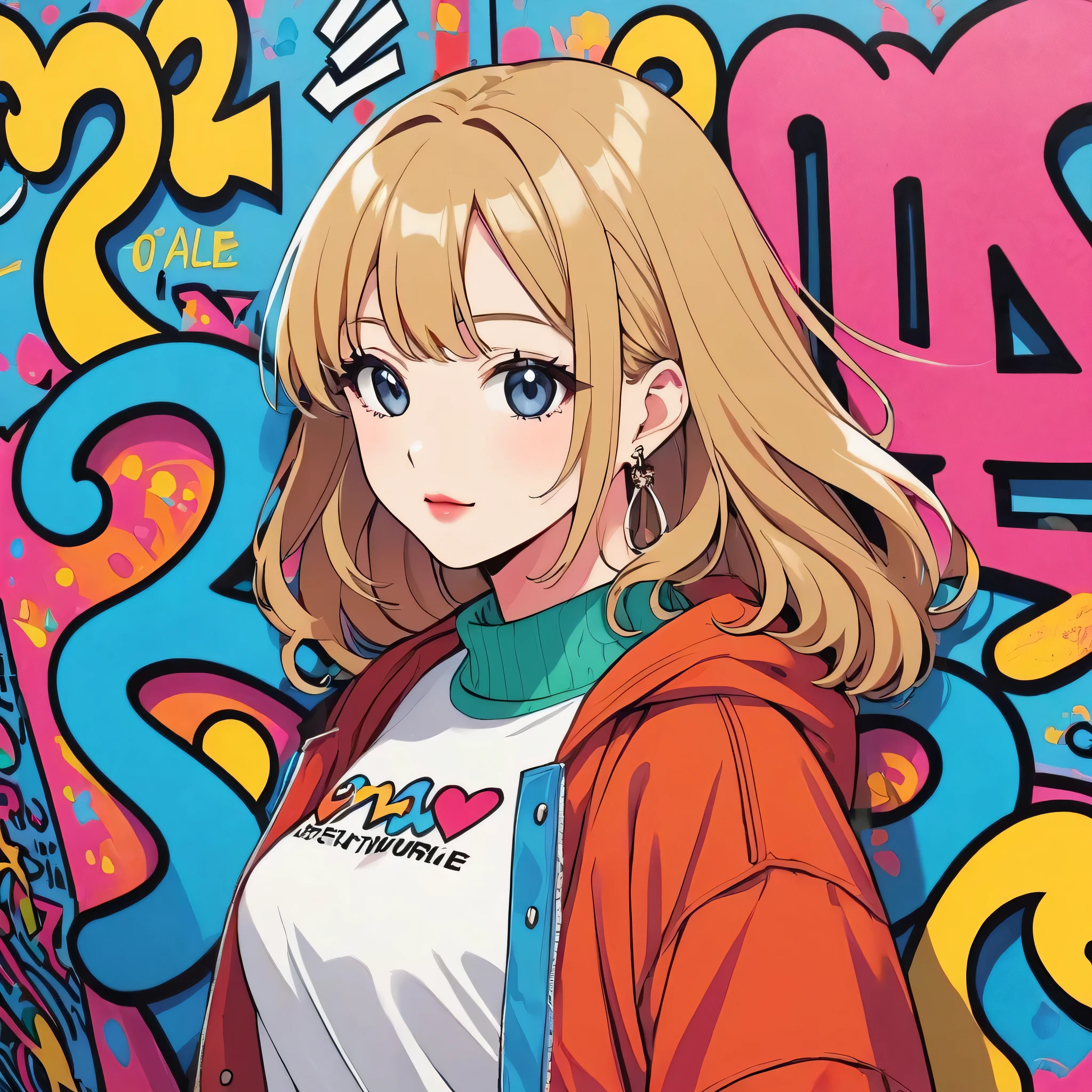 Keith Haring colorful style, Simple Line Initialism,Abstract art,(((The most beautiful girl of all time))), Lips in love, Dark Eyes, The background is filled with colorful graffiti., stylish design