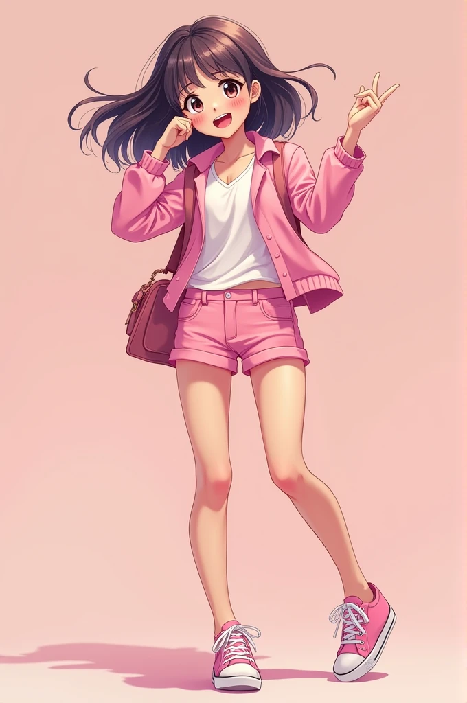 Cute style teenage woman with pink blouse and pink SHORTS,and she also has a cute pink sneaker on.And she is very beautiful and excited.