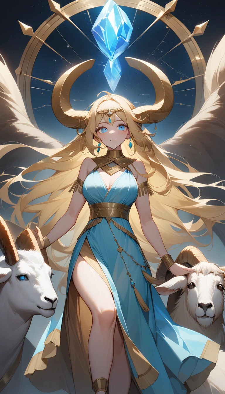 （Huang Li、high quality、Extremely detailed），Constellation - Goddess Capricorn，Giant goat，The goddess caresses the goat，Similar to Latin goodness，brave，capricious，Productivity，The face of enterprising and humanitarianism，Blonde Hair，Ancient Greek costumes、Wrap Dress，background is heavenly，Light crystal blue eyes（Eyes Details），Powerful appearance