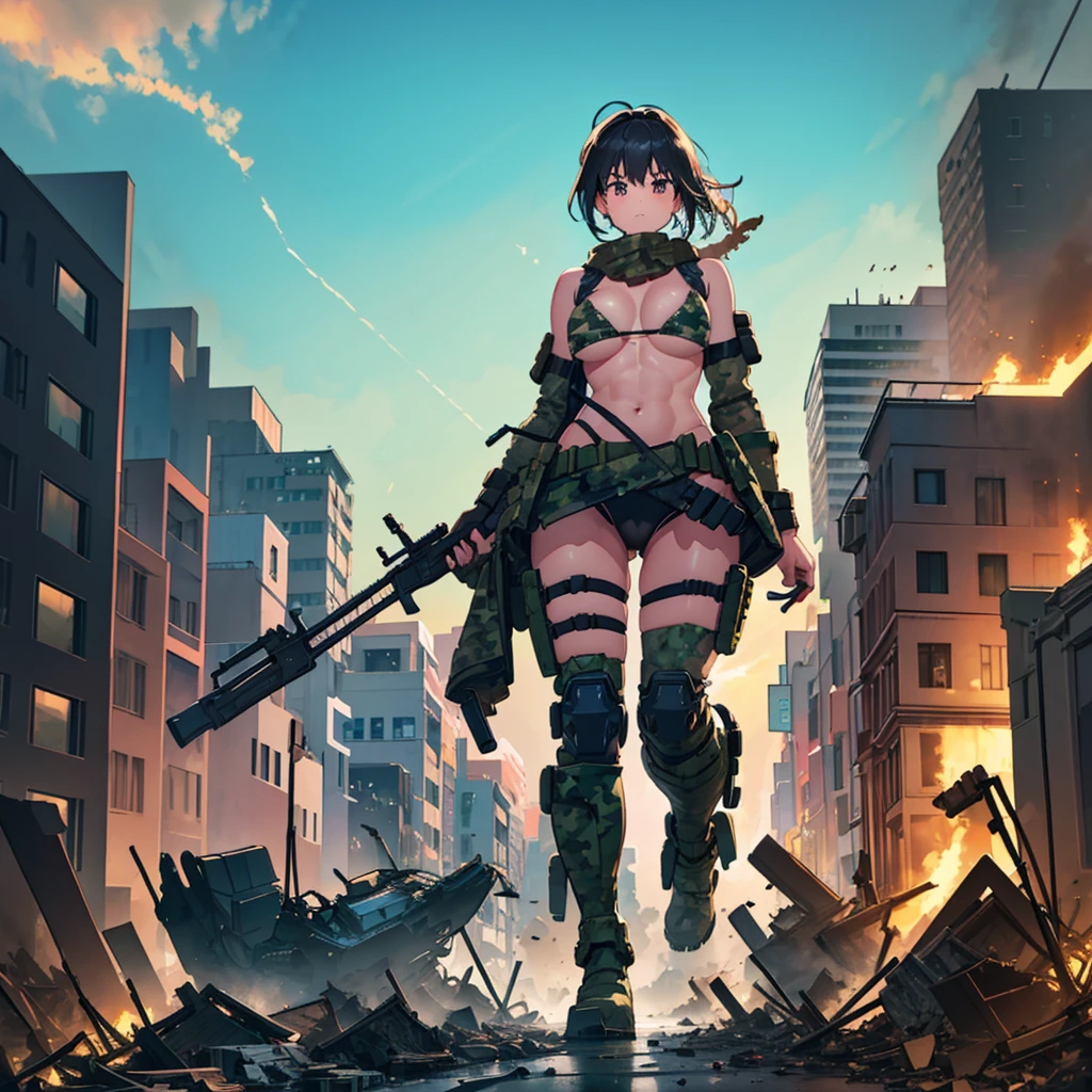 ((A huge black-haired female soldier in a camouflage bikini is walking through the valley of a destroyed city, holding a weapon))
Complex composition from below (Blue sky) ((Thunder clouds)) Masterpiece Anime style Delicate painting 4k 90's
Huge crowd ((situation)) ((destroyed metropolis)) ((collapsed building)) ((broken car)) ((car)) ((vehicle)) ((heap of rubble)) ((fire)) ((explosive smoke))
((Abs)) ((Muscular)) ((Camouflage bikini)) Military jacket ((Bandana)) Rifle Bazouga Heavy weapon Military knife Military boots Broken tank Female Titan girl Full body
Crowd Unreal Engine, cleavage, a picture, lovely picture, beautiful analog style, whole body,Giantess, Growth, Macro, In city, Standing, GTS,GTS, Giantess Female Giant, huge high school girl in the valley between buildings, skyscraper area, big city