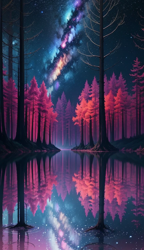 
"A surreal and mystical forest with tall, dark trees on both sides of a calm river. The sky is filled with a vibrant and colorful galaxy, with stars, nebulae, and cosmic dust reflecting in the water below. The scene is ethereal, blending nature with the cosmos, creating a dreamlike atmosphere."