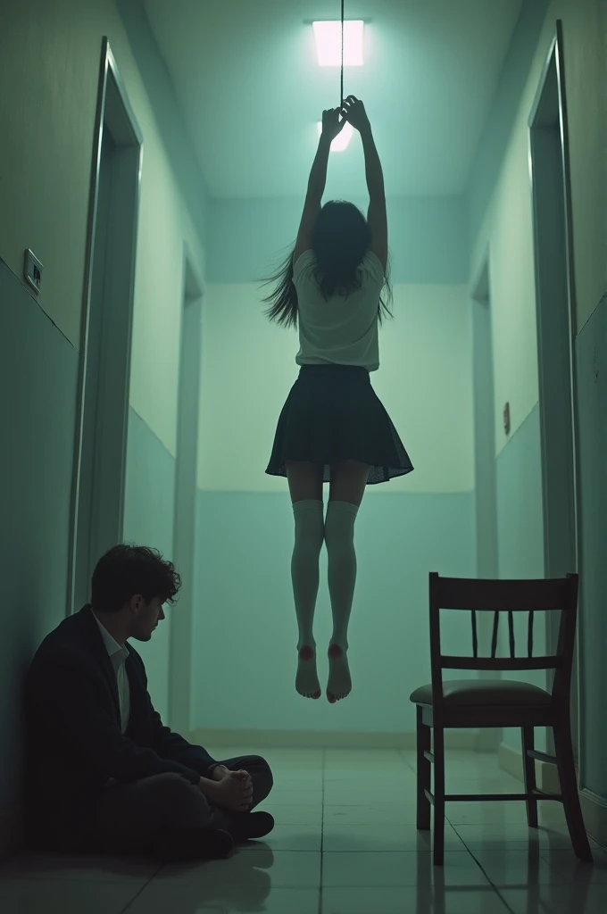 Scene of female student wearing white thigh high socks hanging herself to death ,hovering in the air , a man sitting on the ground in panic with a chair on the ground
