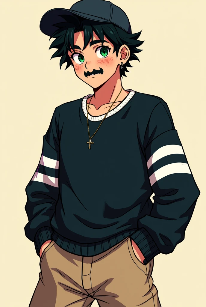 ((Artwork)), ((8K)), (2000s anime line style), 1 young man of Italian ethnicity, short black curly hair, wearing a black cap turned backwards, growing mustache, green iris color, wearing a cross earring in the left ear, freckles on the face, semi-strong body, wearing a black sweater with white band details, wearing wide beige men's pants, hands in pockets, inclined spine, giving a corner of his mouth smile.