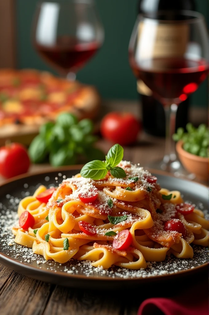 Please create a photo for the Instagram ad for the restaurant called Jireh Italian food. Create a well-crafted photo in red color palettes, green and white.