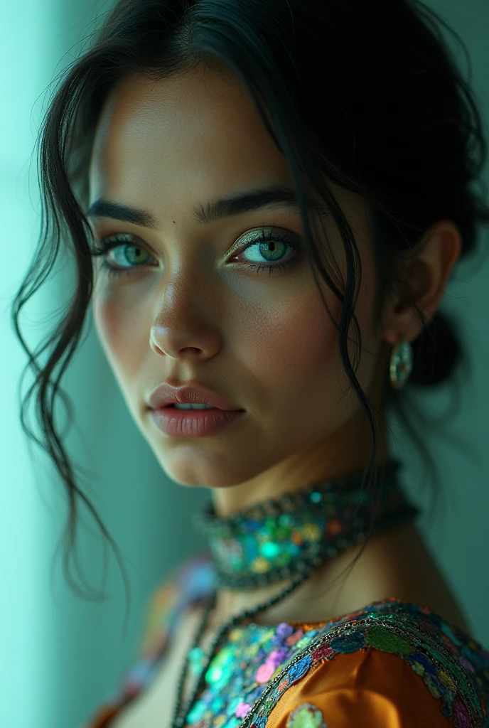 editorial photography,super detailed background,Super realistic,double exposure,depth of field,beauty cute super slender skinny crazy sadist vides,soft_focus dark tone,narrative scene,brutal_gaze,jade_eyes,indian,full-body portrait,multicolored metallic patchwork full body plug suit,sci-fi,