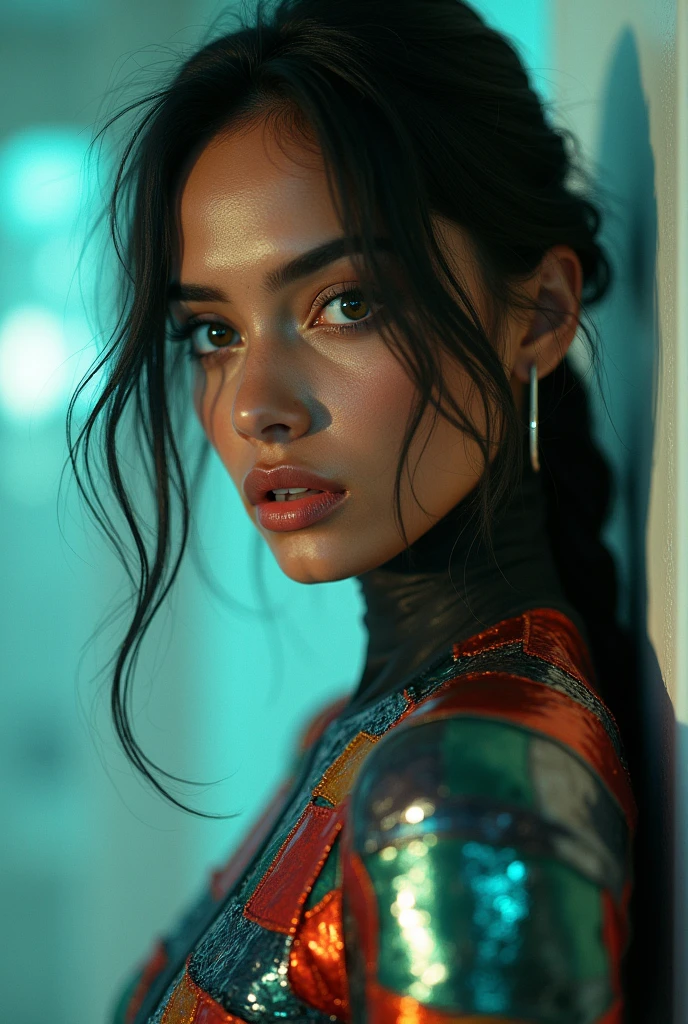editorial photography,super detailed background,Super realistic,double exposure,depth of field,beauty cute super slender skinny crazy sadist vides,soft_focus dark tone,narrative scene,brutal_gaze,jade_eyes,indian,full-body portrait,multicolored metallic patchwork full body plug suit,sci-fi,