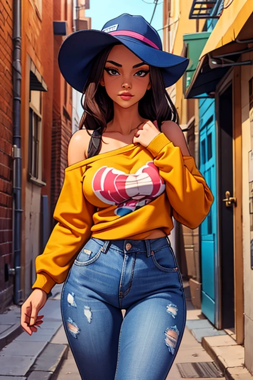 a woman with a perfect body, slim waist, large breasts, wearing a printed sweatshirt off the shoulder, hats, jeans, in an alley, vibrant