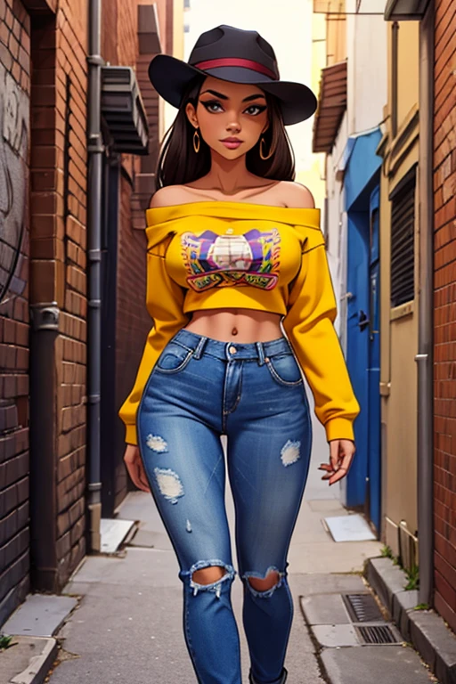 a woman with a perfect body, slim waist, large breasts, wearing a printed sweatshirt off the shoulder, hats, jeans, in an alley, vibrant