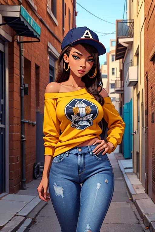 a woman with a perfect body, slim waist, large breasts, wearing a printed sweatshirt off the shoulder, hats, jeans, in an alley, vibrant