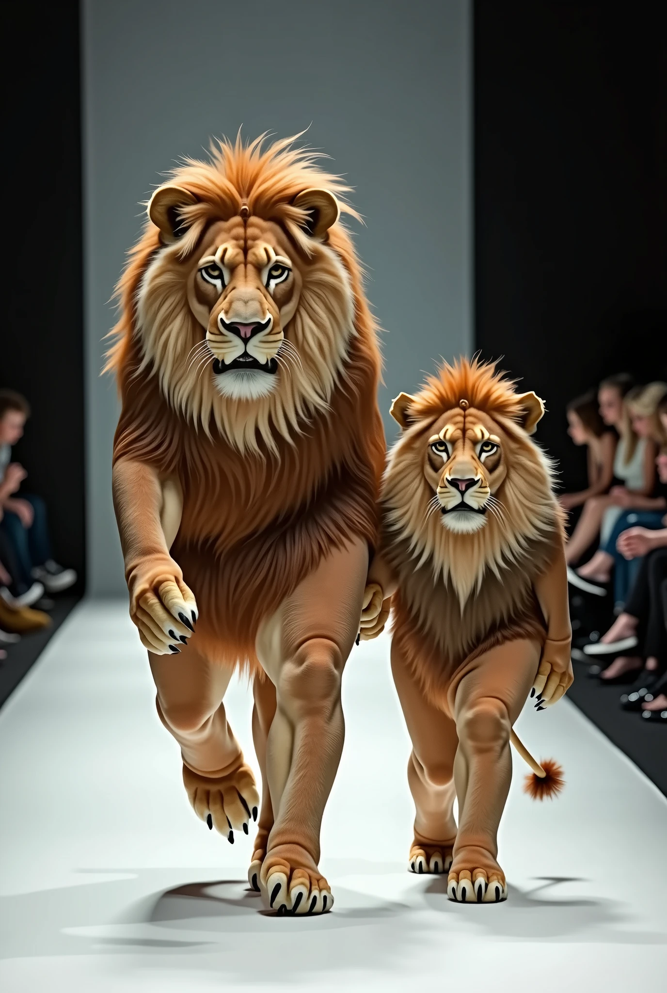 Excessive detail: mother, daughter and boy dressed as lions walking in a fashion show just like in real life.