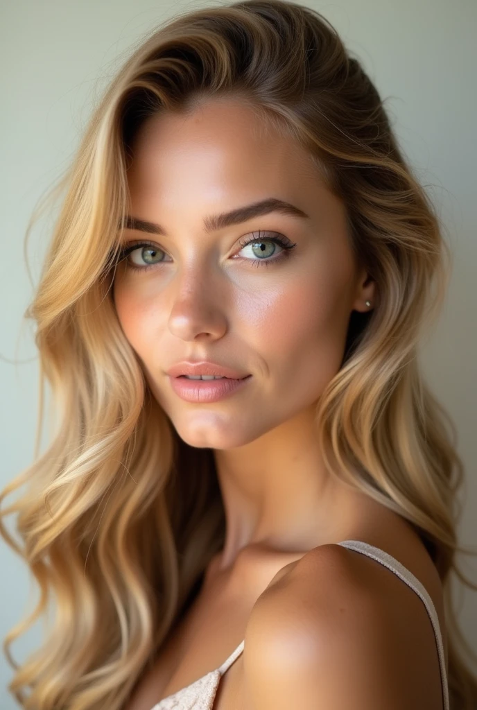 Beautiful blonde woman with wavy hair/smooth caramel color, new