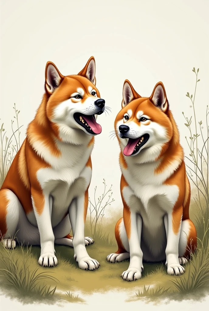 Drawing of two hungry Akita dogs
