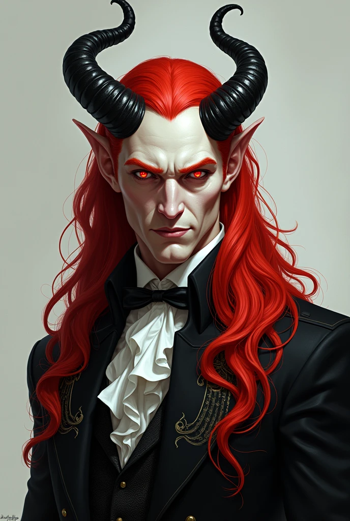 Um tiefling homem, with white skin, long red hair, Dark Horns, red eyes and an elegant outfit, Grinning.