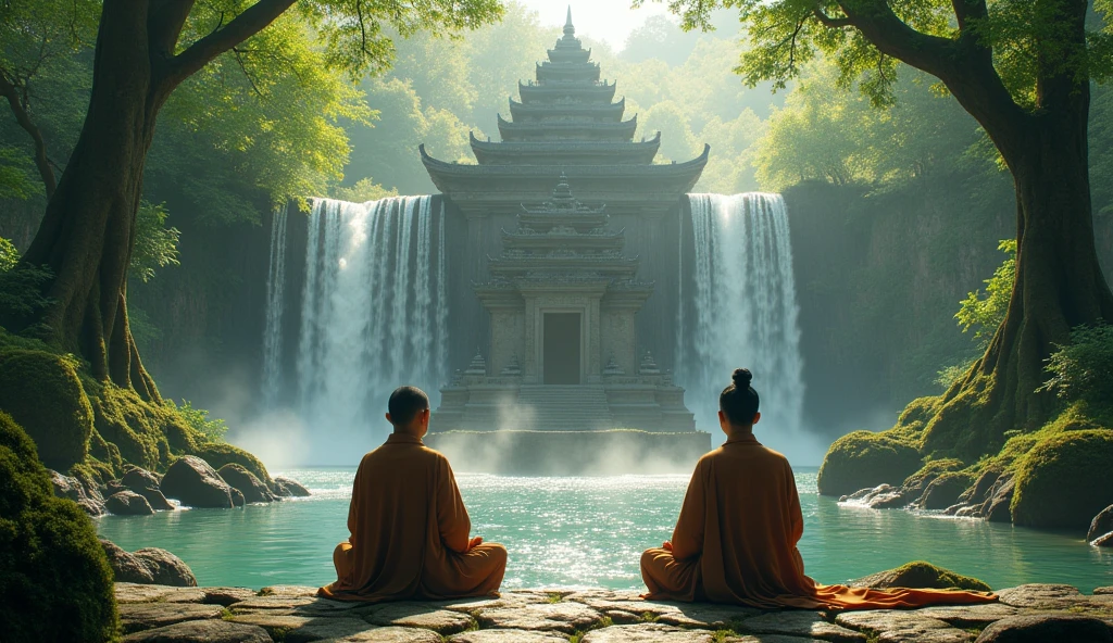 2 asian man meditating in lotus position, dressed in a traditional brown robe, is sitting in the center of an ancient stone temple. ao redor, crystal clear waterfalls cascade down mossy rocks, surrounding the temple and creating a soft mist. Sunlight penetrates through tall trees, delicately illuminating the scene.