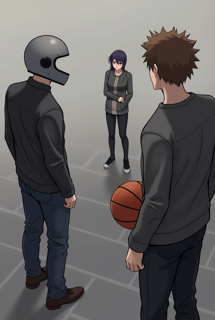 Two men, one with a motorcycle helmet that covers his entire head and the other with a basketball and brown hair, watching a woman 