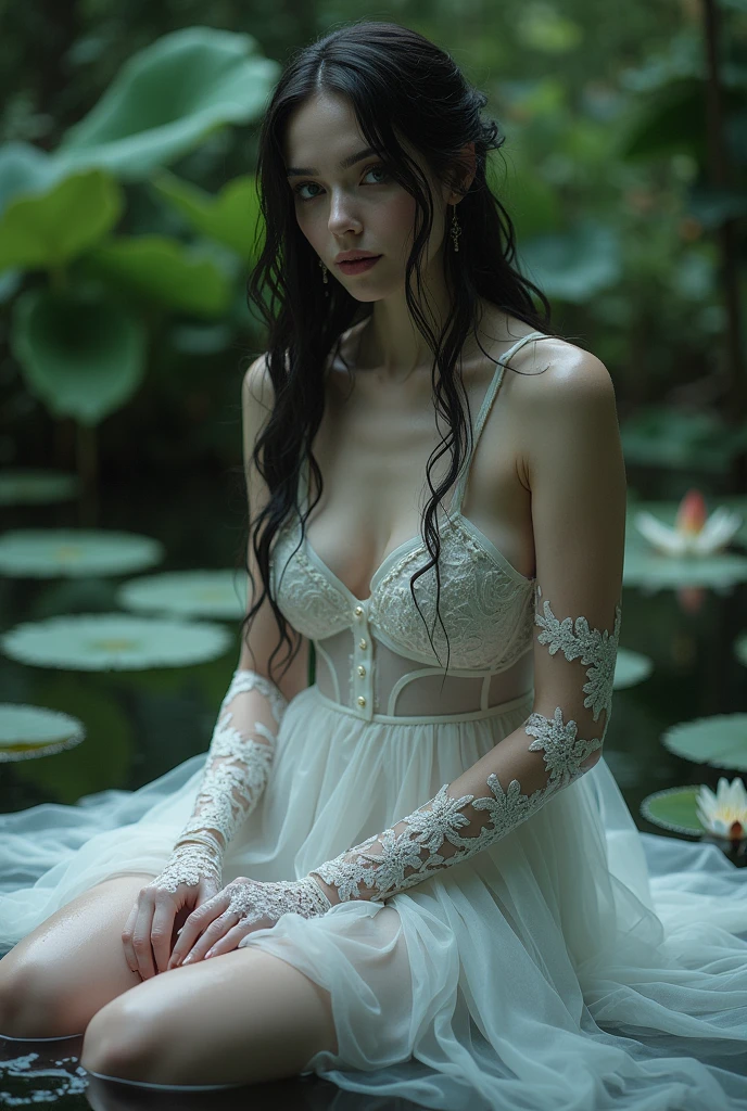 A beautiful gothic girl, beautiful face. long curly hair, wet. pale skin. vestido translúcido blanco wet, detailed. lace gloves. Thin, voluptuous and exuberant. Sitting in a pond with water lilies around. Jardin medieval. Environment: hanging gardens of babylon. Illumination of the rising sun. dim lighting. 1:1 hyperrealistic, cinematographic, 4K anatomically correct, The best quality, masterpiece, high quality, High resolution, anatomically correct, The best quality,