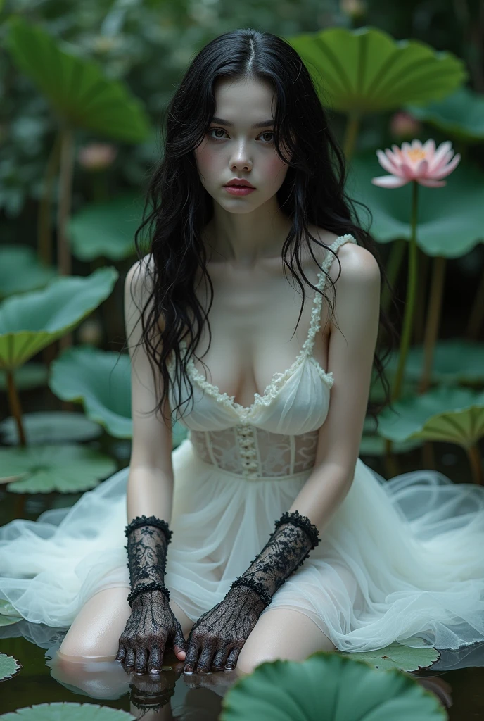 A beautiful gothic girl, beautiful face. long curly hair, wet. pale skin. vestido translúcido blanco wet,  detailed. lace gloves.  Thin, voluptuous and exuberant.  Sitting in a pond with water lilies around.  Jardin medieval. Environment: hanging gardens of lon. Illumination of the rising sun. dim lighting. 1:1 hyperrealistic,  cinematographic,  4K anatomically correct, The best quality, masterpiece, high quality, High resolution, anatomically correct, The best quality, 