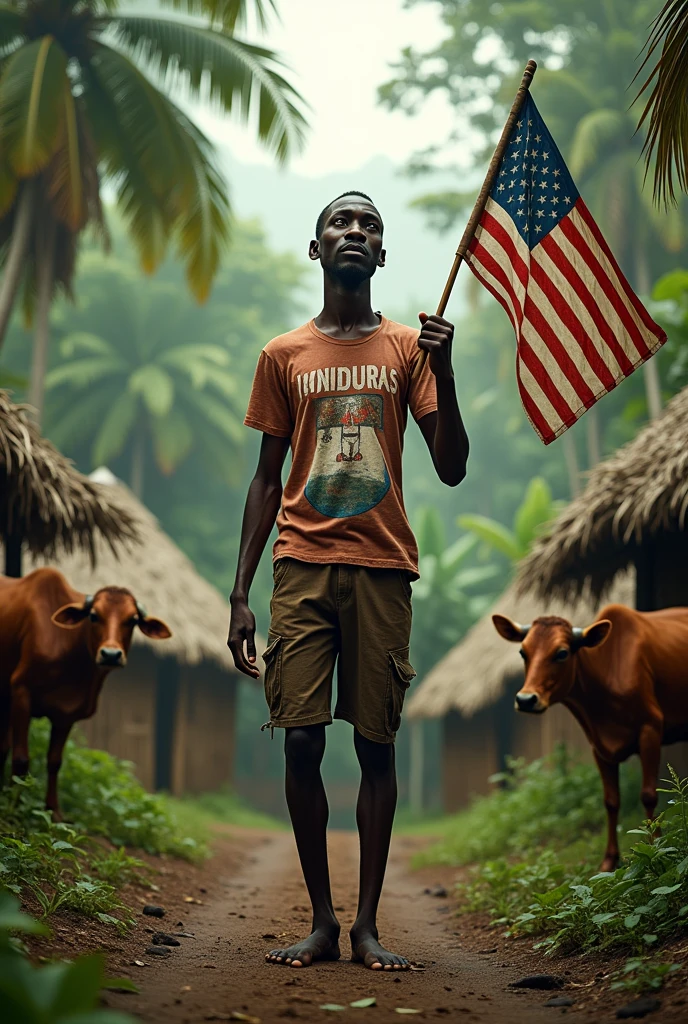 Very thin African man in a jungle with straw huts and cows, with a Honduras t-shirt and an American flag shouting to the sky
