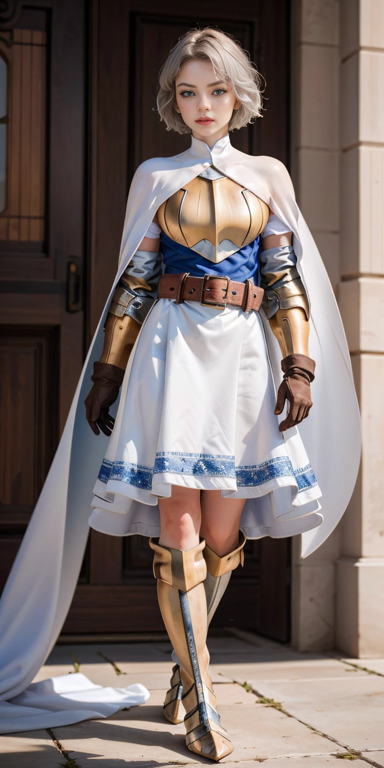 (masterpiece, best quality), 1girl, KnightFFT, SHORT BOB hair, SHITE SILVER hair, blue eyes, WHITE cape, armor, WHITE dress, belt, gloves, boots