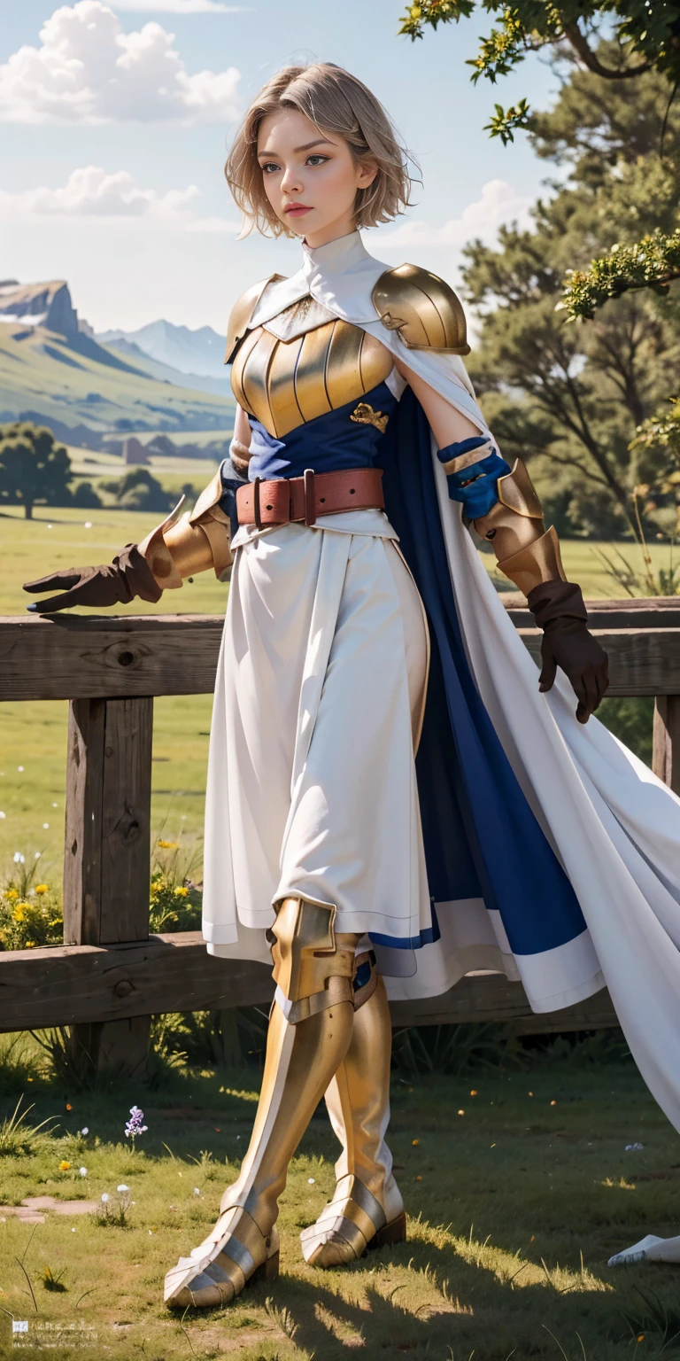 (masterpiece, best quality), 1girl, KnightFFT, SHORT BOB hair, SHITE SILVER hair, blue eyes, WHITE cape, armor, WHITE dress, belt, gloves, boots