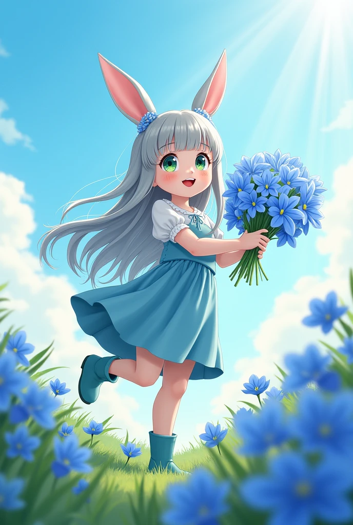 The book cover features Bunnyx Chronia Aurelia, an 1 human girl, as the central character. She has long gray hair that flows softly to her waist and large, green eyes., that are deep and expressive, reflecting a joyful and contagious happiness. Her naturally rosy cheeks add a touch of sweetness to her countenance.. Bunnyx is wearing a light blue skirt and a cotton blouse in the same shade., with subtle white details. His boots are also a light blue., completing an elegant and angelic look.
She is depicted in a vibrant field, exclusively surrounded by blue lilies. The sky above is clear and sunny, with soft lighting that highlights its delicate beauty. Bunnyx is holding a bouquet of blue lilies, that she looks at with a radiant smile. The light breeze makes your gray hair sway gently, creating a feeling of serenity and joy. The countryside atmosphere reflects its calm and gentle nature, creating a charming and cheerful image.
