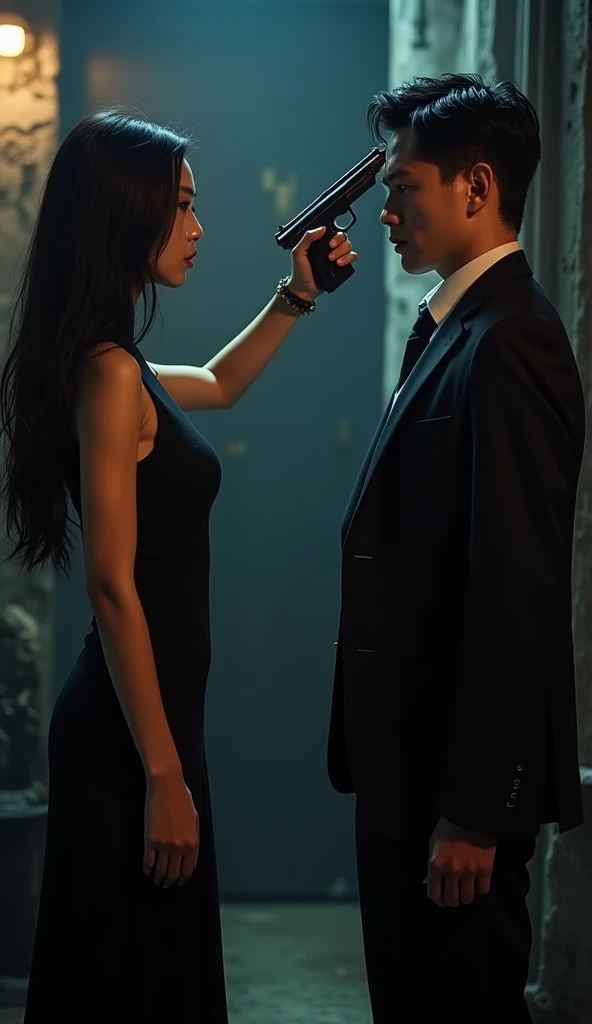 an asian woman in black dress with long black hair pointing a gun at the head of a lonely asian man 3 in a suit in a nightclub