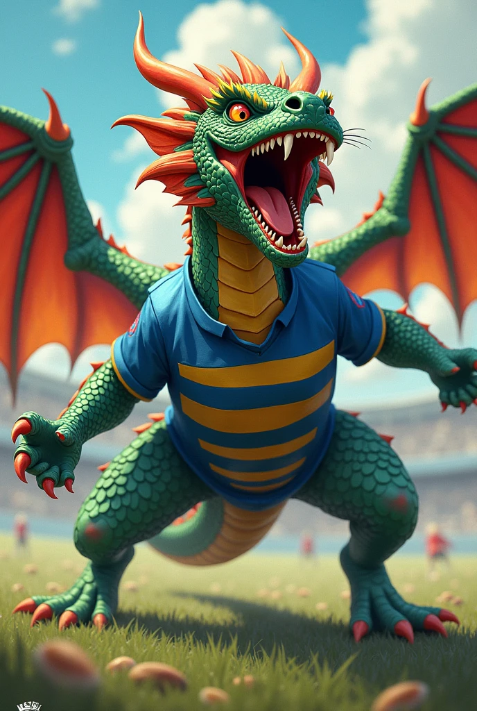 Dragon shouting a goal with a blue and yellow striped shirt in a medium size vertical shape 