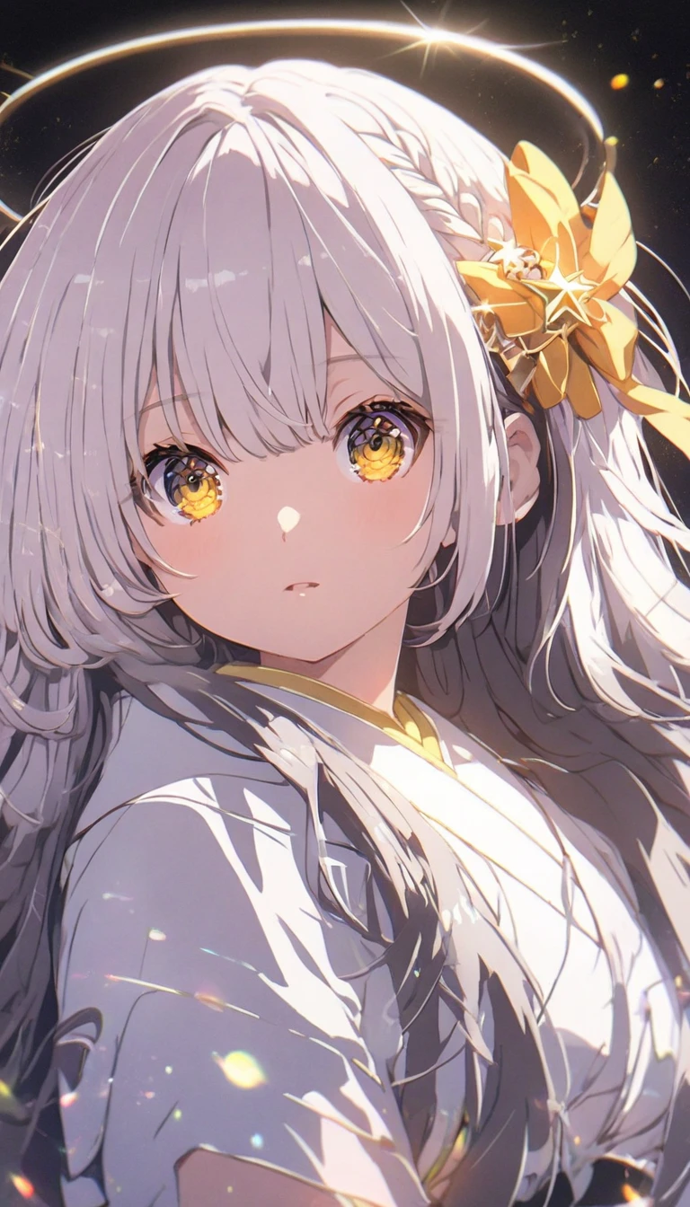 Anime, anime girl, night, stars, hair, long hair, golden eyes, hair accessory, white hair floating in the air, girl with white hair, black background with ray of light, loose white hair