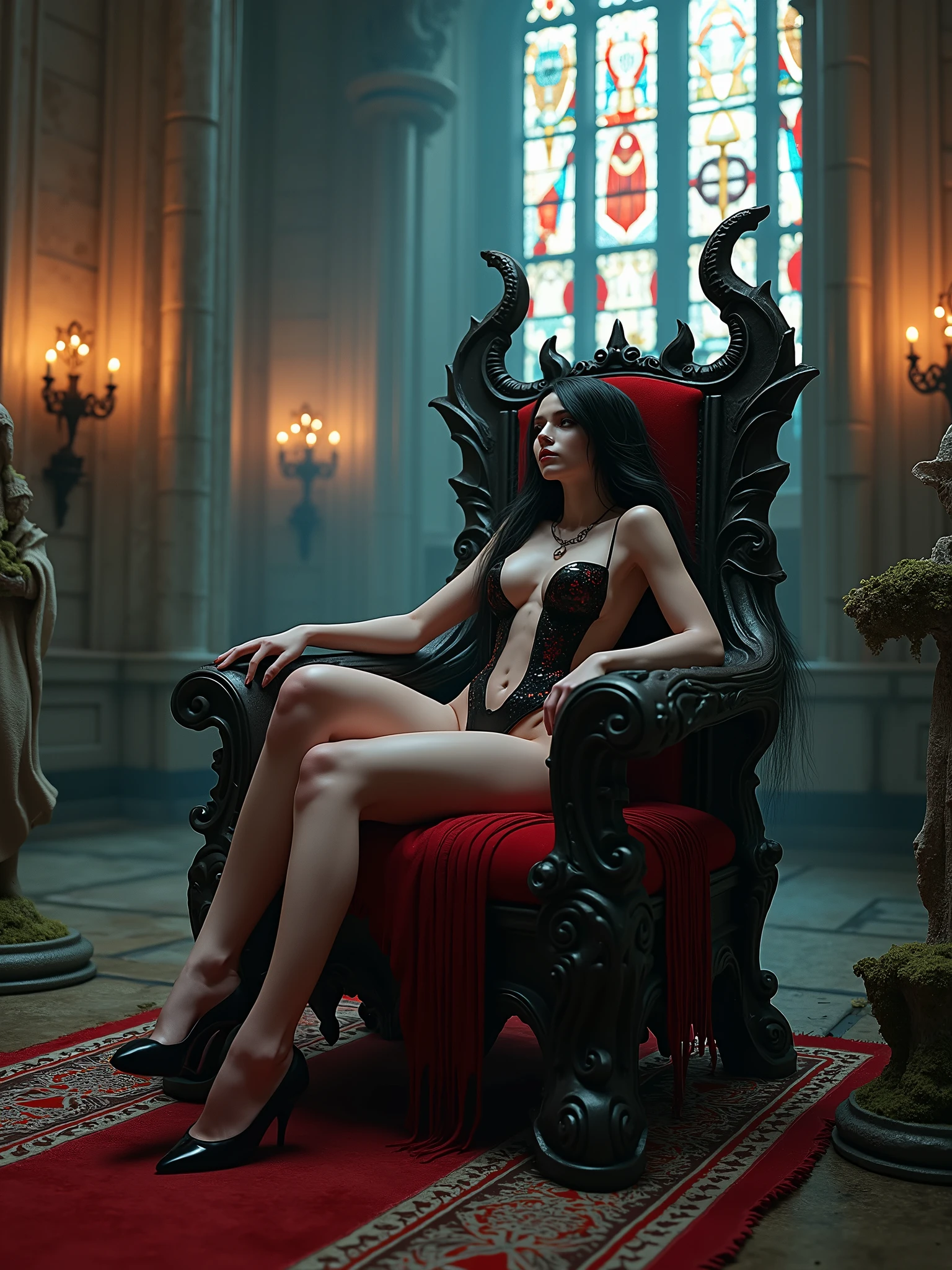 A female demon Succubi sitting on a throne inside a gothic church altar