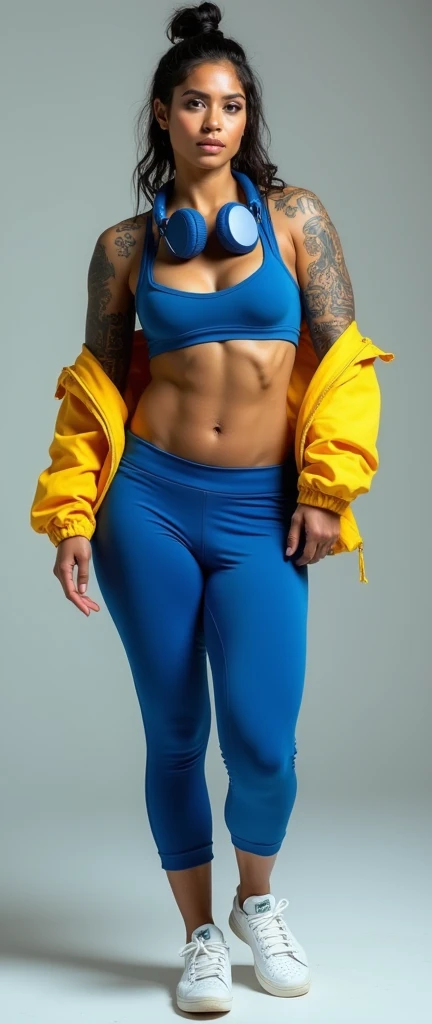 Muscular girl full of tattoos busty wearing track suit sexy face and smile, Indian female, age 33, 42-D cup breasts, huge round boobs, extremely sweaty body, super muscles and ripped shredded physique defined arms and biceps posing biceps flex, wearing Nike gym outfit, highly detailed and realistic, Yellow jacket and blue tracks with shoes, wearing headphones around neck, full body length photo looking straight at the camera full body length. 4k HD.
