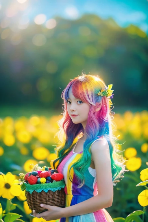 Highest quality,High resolution,A Japanese girl standing in a flower field holding a basket of fruit and flowers, Two-tone hair, long hair with pastel colours, aurora Colored Hair, Colorful pastels, Hair Color, multiColored Hair, Colorful long hair, Two-tone hair dye, Colorful Hair, Gradient Hair, pastel colour, Colored Hair, Bright rainbow hair colors,One-piece dress with frills,Behind the girl is a stained-glass church.:1.7,The background is a sparkling rainbow in a clear blue sky.:1.5,A large rainbow-colored pumpkin grows in a flower field:1.5