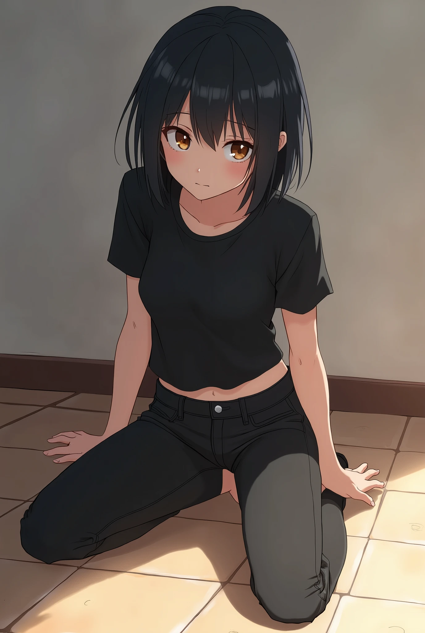 Make an anime girl character on the floor, the character has short, channel hair, He wears a black shirt., black pants 