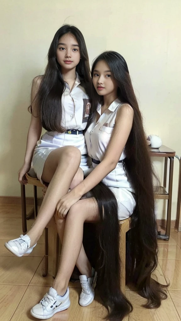 Masterpiece,((two Indonesian women)), detailed eyes, each women have Very Longhair,(( floor length hair)), front body covered by longhair, longhair till floor,((the two women pulled each other's hair ny had)), white shoes,in class room,table,chair,white board, bright sunlight from side 