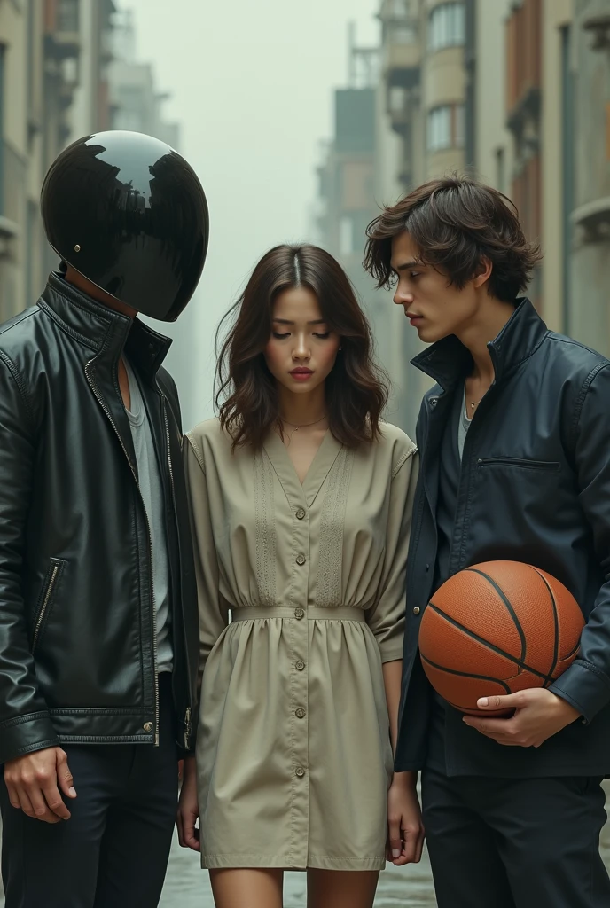 Two men, one with a motorcycle helmet that covers his entire head and the other with a basketball and brown hair, watching a semi-realistic woman