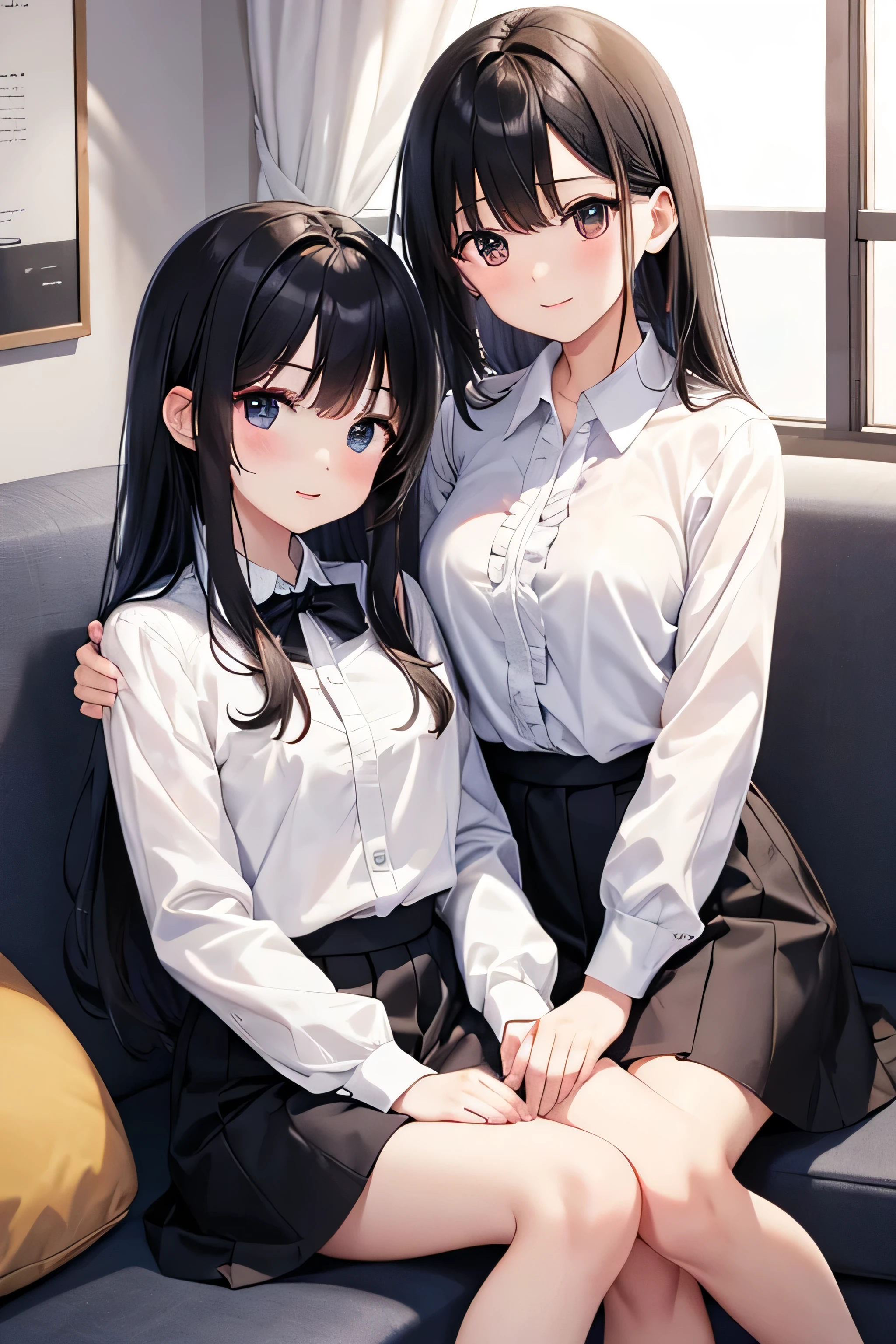 High resolution, Long Hair, accurate, masterpiece, Highest quality, Mother and daughter、2 people、(Young、cute)、Black Hair、clear、Shirt blouse、Collared shirt blouse、白いShirt blouse、Light pink shirt blouse、Blouse with ruffles、Long sleeve、Positive、Small breasts、Sitting side by side、Young、Short