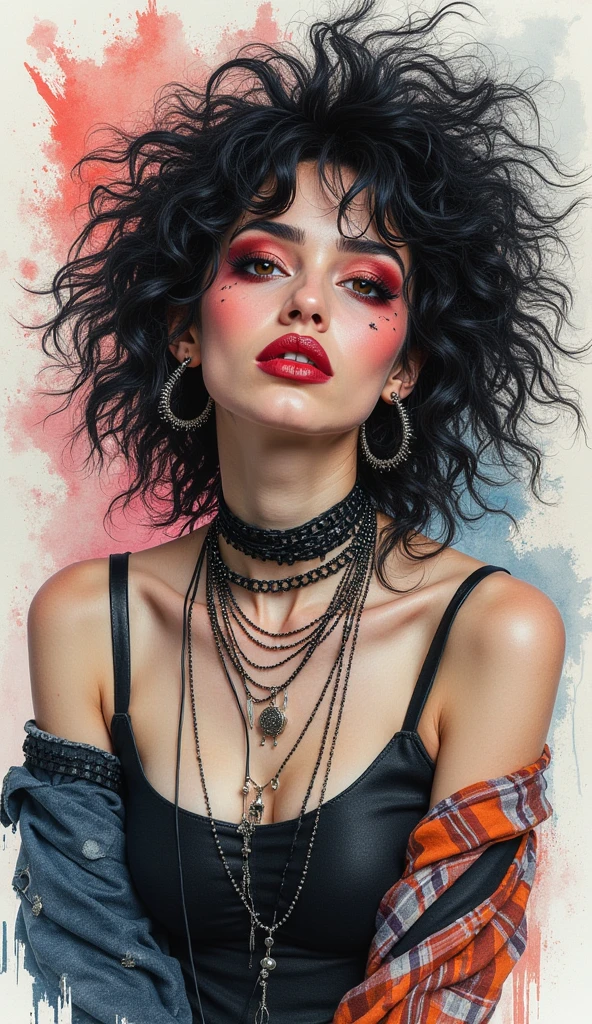 8K quality, watercolor painting, stylish design (masterpiece:1.2, best quality), (1lady, solo, upper body, big) The clothes ar：avant-garde，avant-garde，Experiment with appearance：curlies，Dramatic makeup，Unconventional fashion choice behavior：rebelliousness、non-conformist、Provocation location：urban art district、Underground music venues Hobbies：Participation in punk shows、creating mixed media art、Try different subcultural values：individuality、Realiy、Creative expression of inspiration：Punk rock music、Counterculture icons，Avant-garde art movement character traits：boldness、boldness、act outside the box。