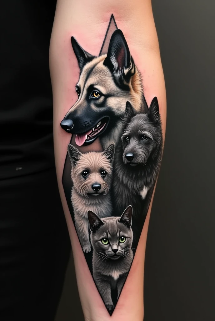 create a realistic black and gray arm tattoo with three elements, two dogs and a cat. The three animals are forming a triangle, positioned as follows: The bigger dog is alone and just below him, on the sides come the smaller dog and the cat. create something new, unique and mixed, something beautiful, that has coherence. The largest is a panda German shepherd, he has a lighter spot on his forehead and his chest is white, he has his mouth open looking to the side, the smaller dog is a very dark gray black, his ears are floppy, he has the white chest, white nose, the fur is a bit wavy, the tips and the entirety of the paws are white, he is a mix of a poodle and a yorkshire and his mouth is half open with his tongue a little out and the cat is black. green eyes, with white details on the diamond-shaped chest, the tips of the paws are white, the tail is thin and the tip of the tail is white, she is serious looking straight ahead.