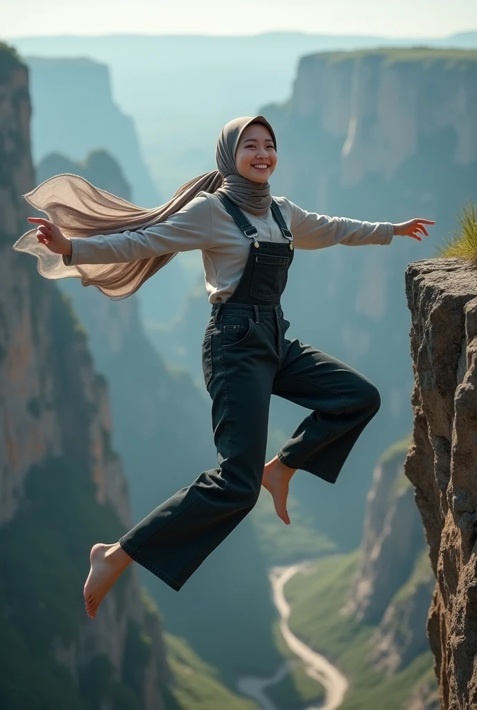 A asian woman with long hijab flowing wearing long black overall jeans sporty, jump free fall on the edge of a steep and terrifying cliff, face Smilling looking at the camera