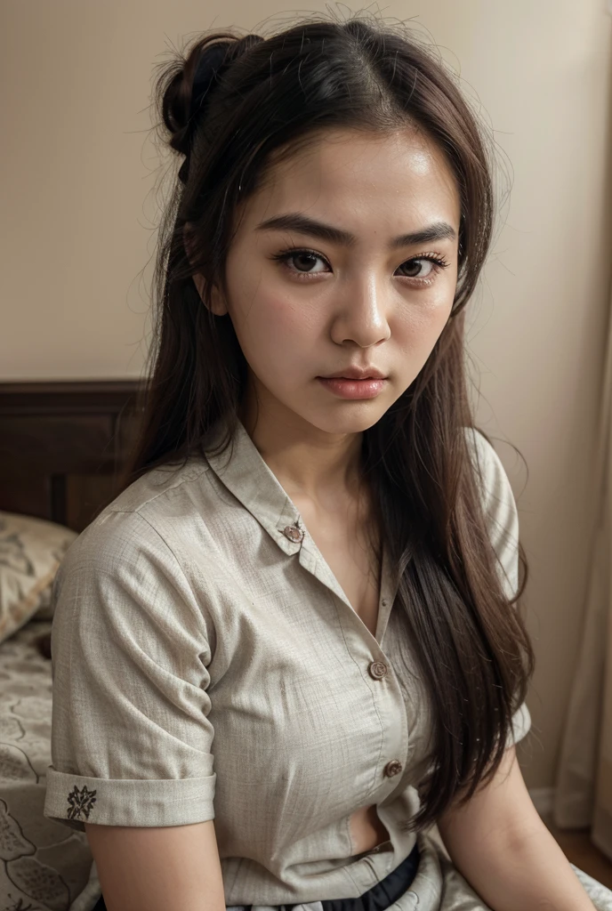 1girl, beautiful detailed chinese woman, young, china, east asia, chinese face, voluptuous, curvaceous, short, petite, thicc, thick thighs, busty, wide hips, natural, natural lashes, pale face, glistening sweat, teenager, ulzzang, cute face, thin face, skinny face, thin cheeks, pointy chin, tsundere, annoyed face, angry face, angry brows, frowning, small nose, thin nose, small nose tip, thin eyes, squinty eyes, thin lips, pouty lips, fully clothed, patterned clothing, baggy clothing, skirt, dress, shirt collar, unbuttoned clothes, open shirt, arafed woman, chinese farmer, china harvest, china rural travel, chinese woman, traditional china, rural china, in bed, makeshift bed, fields, impoverished, disheveled, farmer, farming, messy thick luscious hair, jet black hair, long hair, silk hair, long ponytail, traditional hairstyle, cute hairstyle, hair buns, detailed face, penetrating eyes, beautiful detailed lips, extremely detailed skin, detailed clothing, colorful clothing, (best quality,4k,8k,highres,masterpiece:1.2),ultra-detailed,(realistic,photorealistic,photo-realistic:1.37), natural lighting, warm color tones, cinematic composition