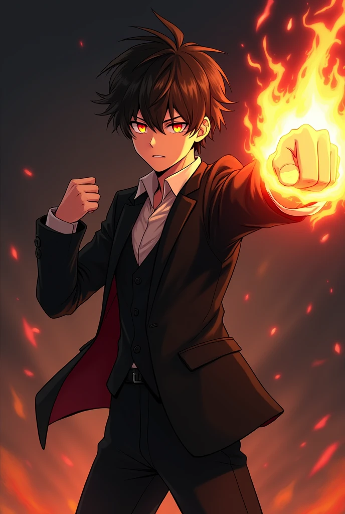 Create a slightly brown skinned anime boy with a black suit and stylish black overall pants with red glowing eyes throwing a fiery punch
