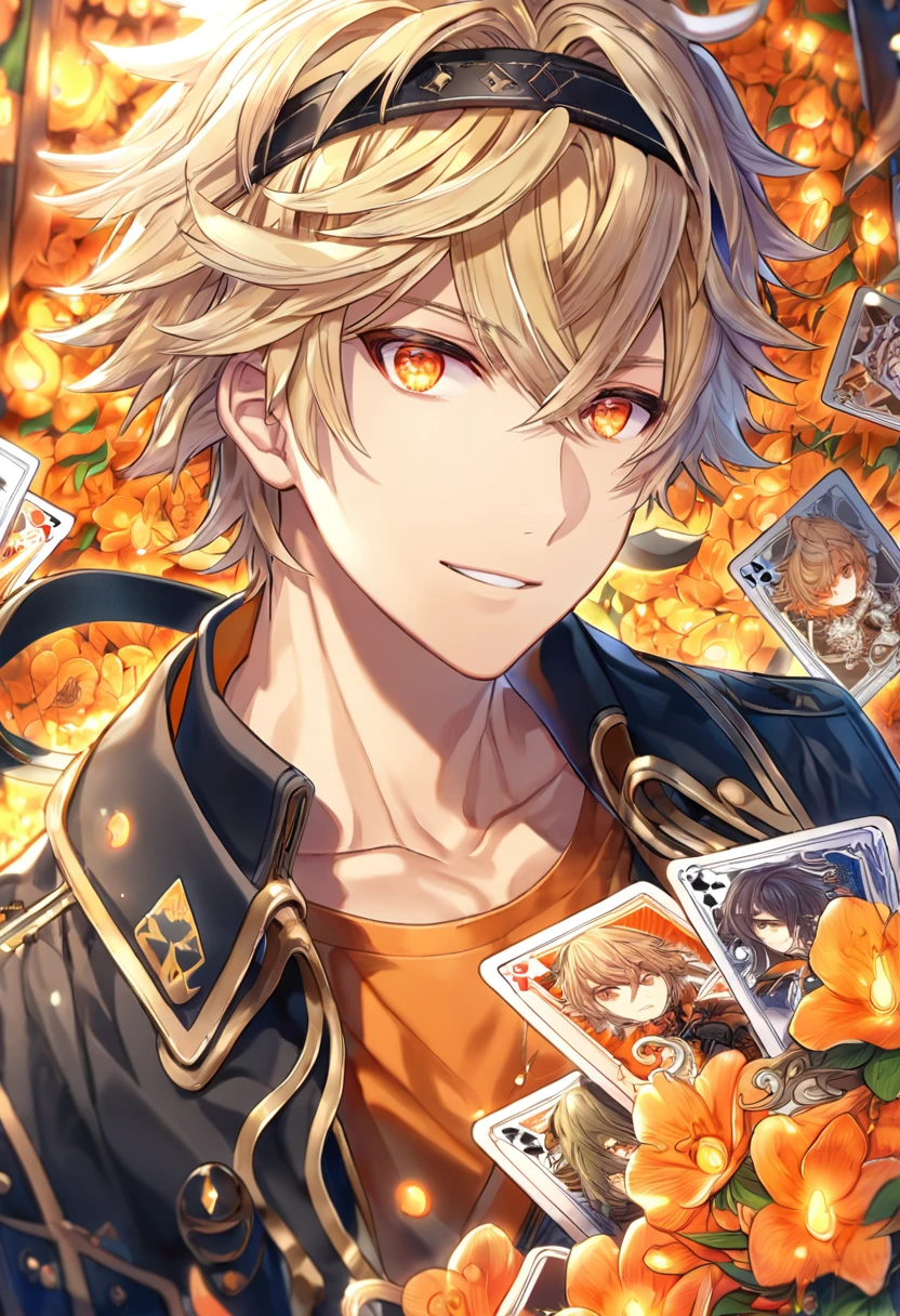 absurdres, highres, ultra detailed, HDR, master piece, Touma, spiky blonde hair, expressive orange eyes, black hairband, black-and-orange shirt, black jacket, Amnesia Memories, sexy man, handsome, best quality, orange blossoms, orange petals, orange flowers, fantasy, magical, orange shining fireflies, solo, diamond of cards, handsome smile, close up