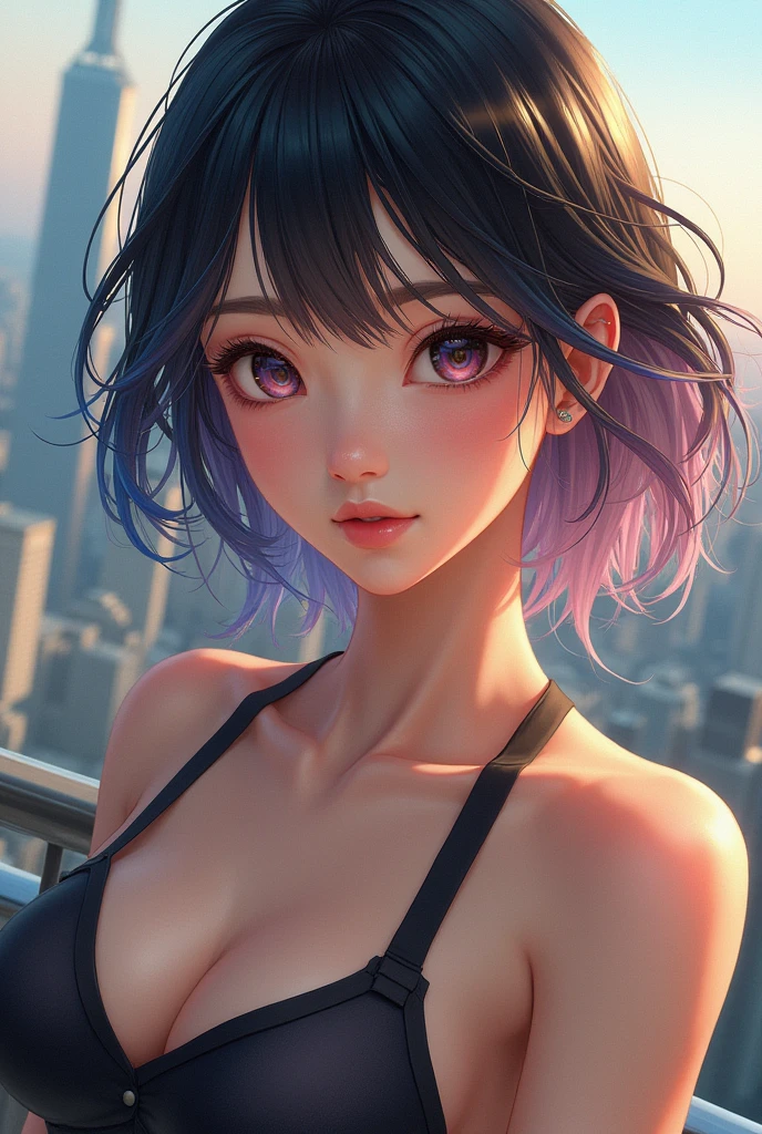 ((masterpiece)), ((Highest quality)), (Beautiful Japanese girl portrait), Eye for perfect detail, Face in perfect detail, Very elaborate nose, Open your mouth, Perfect muscle, Perfect Teeth, A well-defined body, Tight clothing that shows the lines of the body, Charm, Perfect Face, Dimples on cheeks, Depth of written boundary, High resolution, ((Realistic skin texture)), (Well-proportioned hands), Thin lips, Random color hair, Floating multicolored hair, Narrow waist, Big City Background