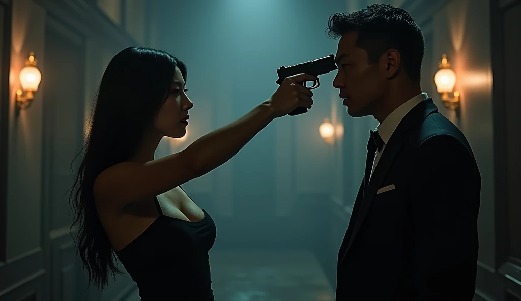 an asian woman in black dress with long black hair pointing a gun at the head of a lonely asian man 3 in a suit in a nightclub