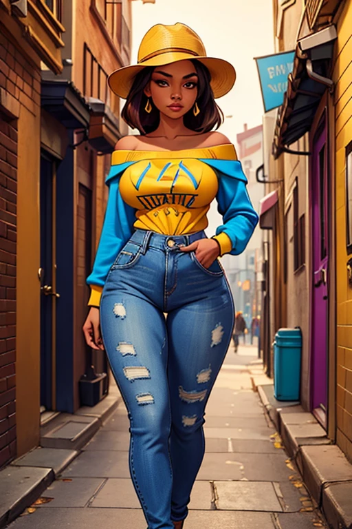 a beautiful woman with a perfect hourglass figure, slim waist, large breasts, wearing an off-the-shoulder printed sweatshirt, jeans, and a stylish hat, standing in a vibrant alley, photorealistic, high quality, detailed facial features, detailed clothing, dynamic pose, beautiful lighting, warm color palette, cinematic composition